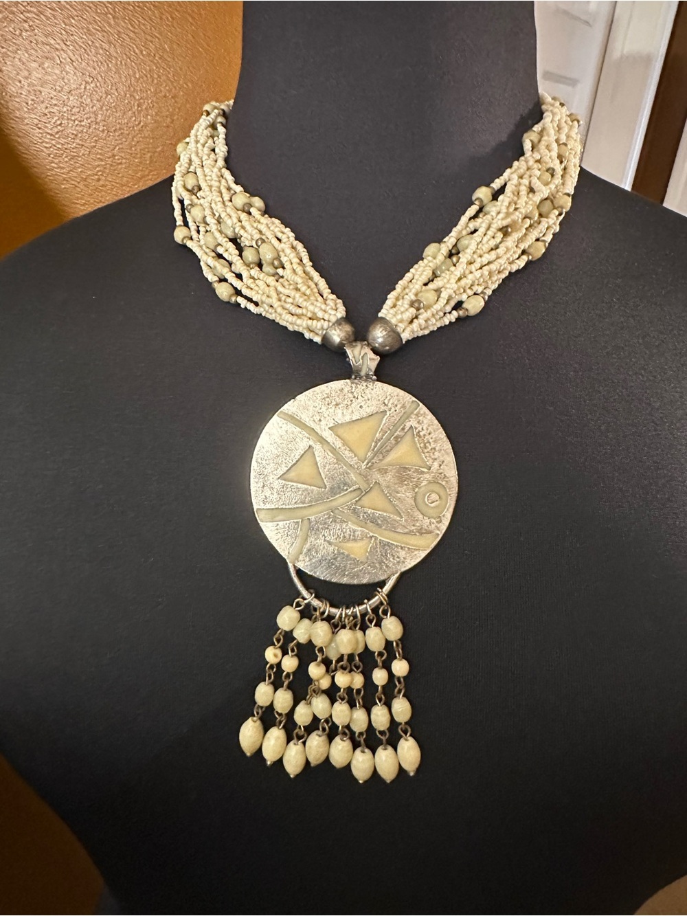 Vintage Boho Statement Necklace Beaded Silver tone